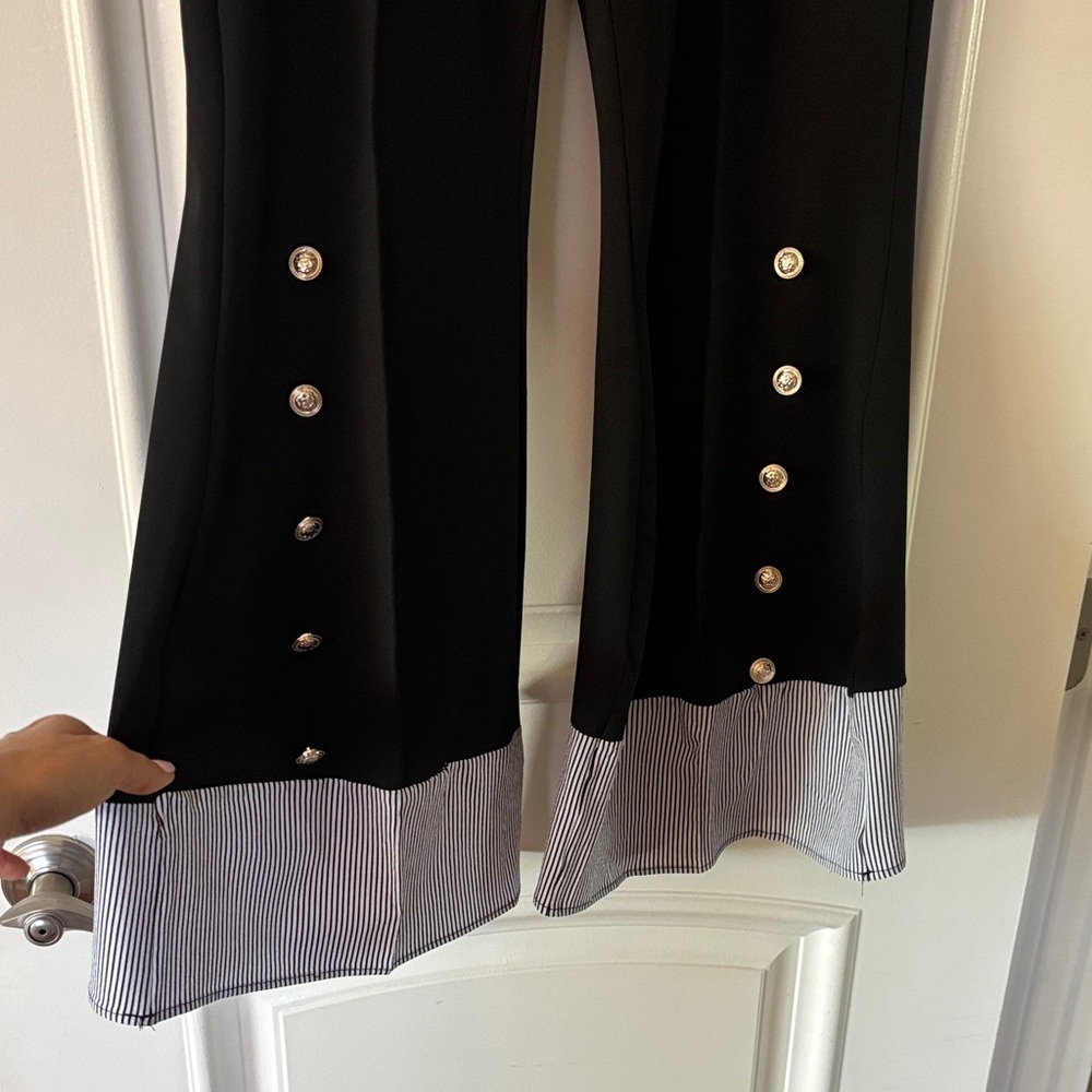 Black Boot-Cut Pants with Contrast Cuff and Button Detail